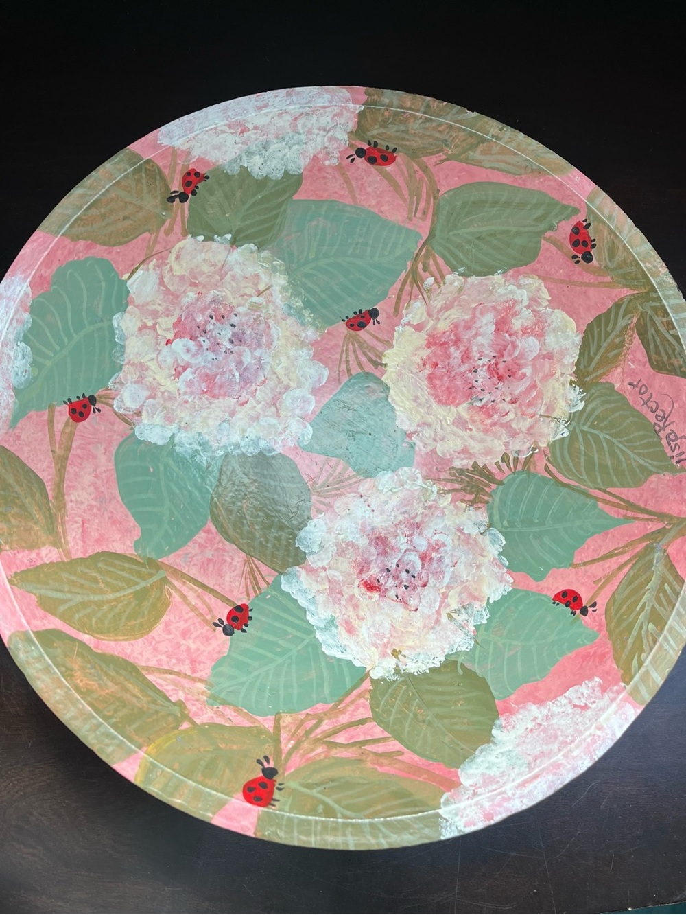 Hand-Painted Wooden Bowl — Pink, Green & White